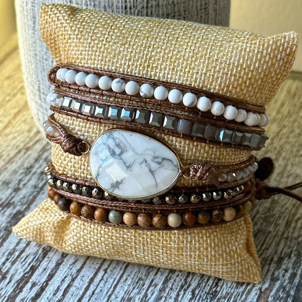 Crystal and Bead Boho Wrap Bracelet (Howlite)